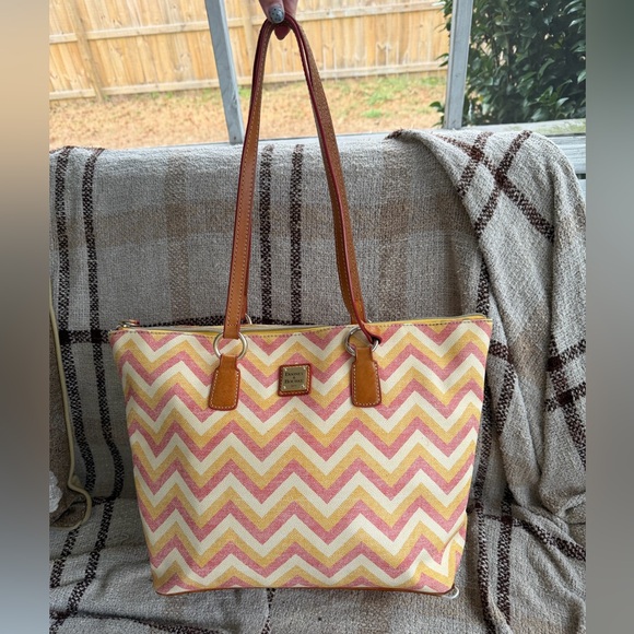 Dooney & Bourke Handbags - Dooney & Bourke Wren Pink and Yellow Chevron Zip Tote